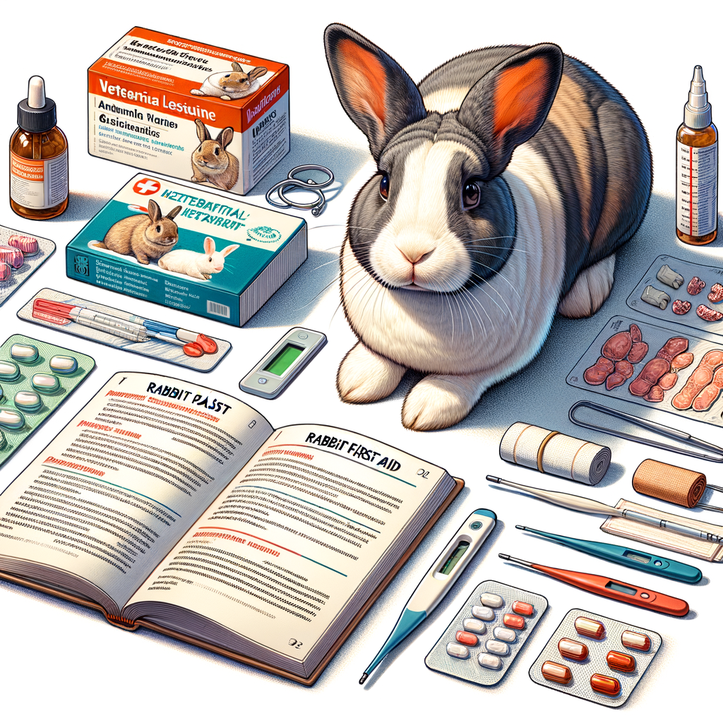 Essential items for rabbit first aid including bandages, antiseptic wipes, and a thermometer, arranged neatly with a rabbit first aid guide, highlighting the importance of preparing for common rabbit health issues and emergency rabbit care.