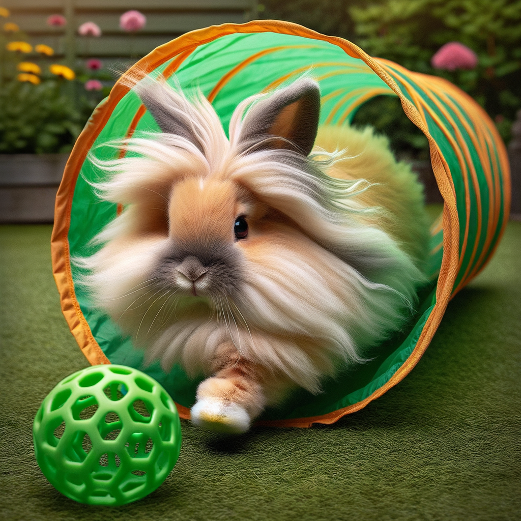Lionhead rabbit exercising by running, playing, and hopping, showcasing ideas for promoting physical activity in rabbits for optimal Lionhead rabbit care and health.