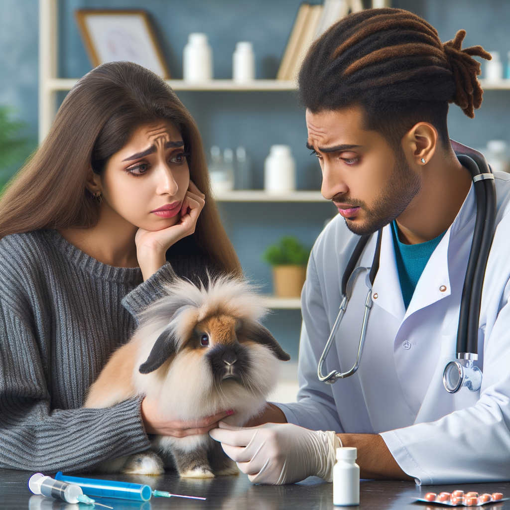 Pet owner discussing Lionhead Rabbit health and respiratory disease with a vet, highlighting the importance of rabbit veterinary care and treatment for rabbit infections.