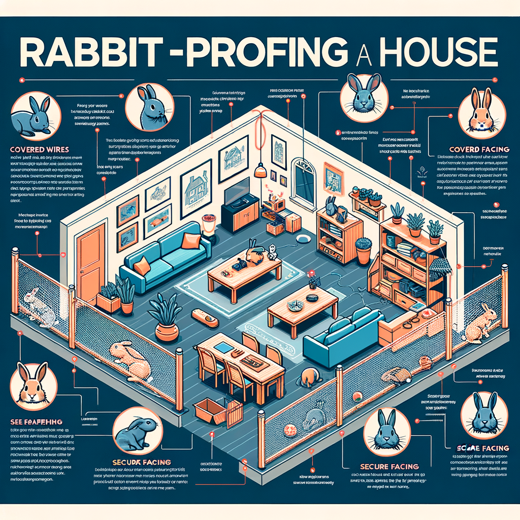 Comprehensive rabbit-proofing home guide infographic showcasing safe environment creation for rabbits, including covered wires, secure fencing, and rabbit-friendly zones for optimal rabbit safety at home.