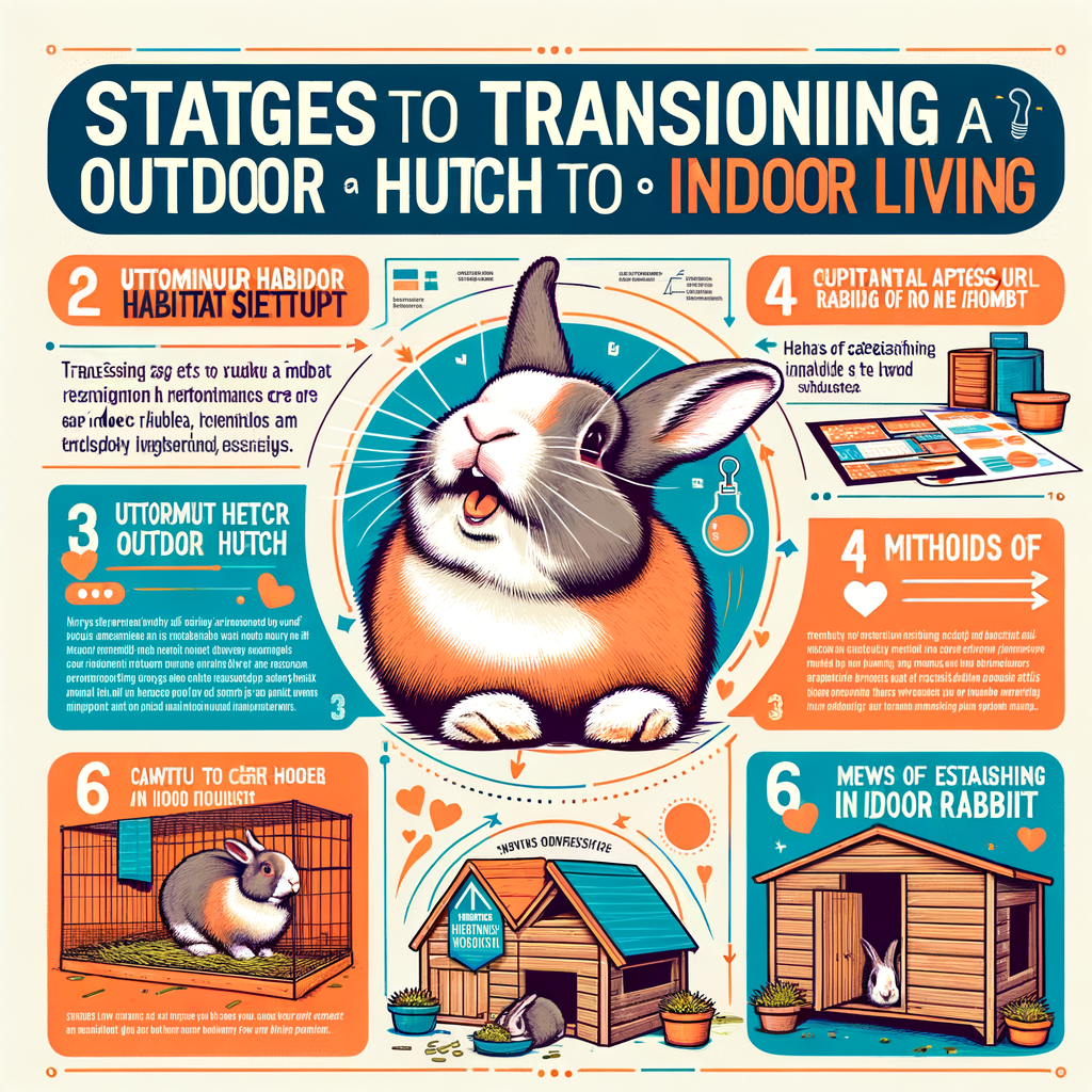 Infographic illustrating the process of transitioning a rabbit from a hutch to indoor living, emphasizing on indoor rabbit care, house rabbit care, and optimal indoor rabbit housing setup, with a happy rabbit enjoying its new indoor lifestyle.