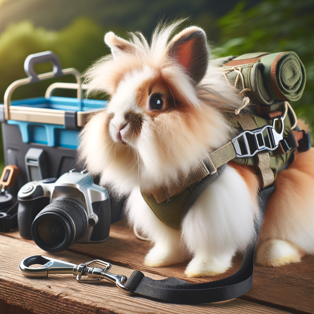 Lionhead rabbit confidently wearing a safe rabbit harness, prepared for outdoor adventures with rabbit adventure gear like leash and playpen, illustrating harness training and outdoor safety tips for rabbits.