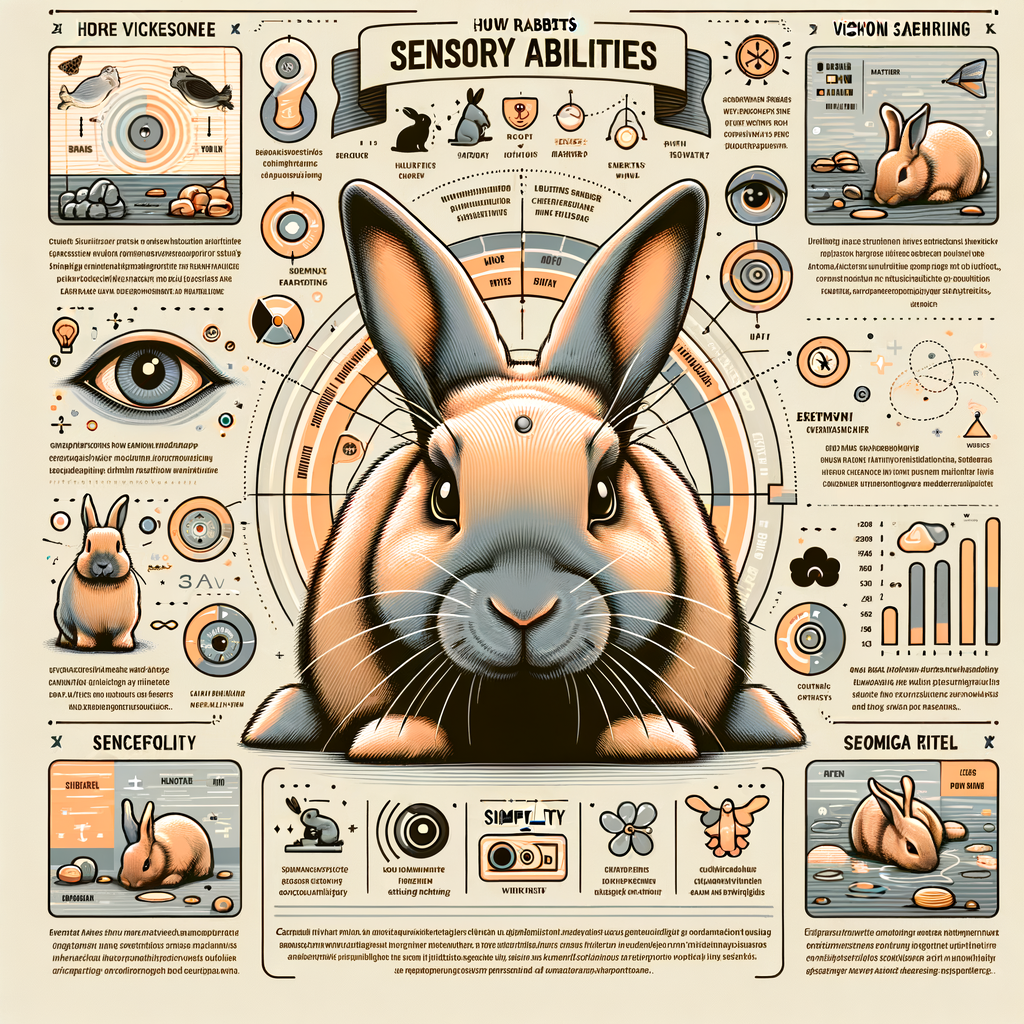 Infographic illustrating rabbit sensory abilities including vision, hearing, and smell, providing insight into rabbit behavior, cognition, and psychology for a deeper understanding of how rabbits perceive the world.