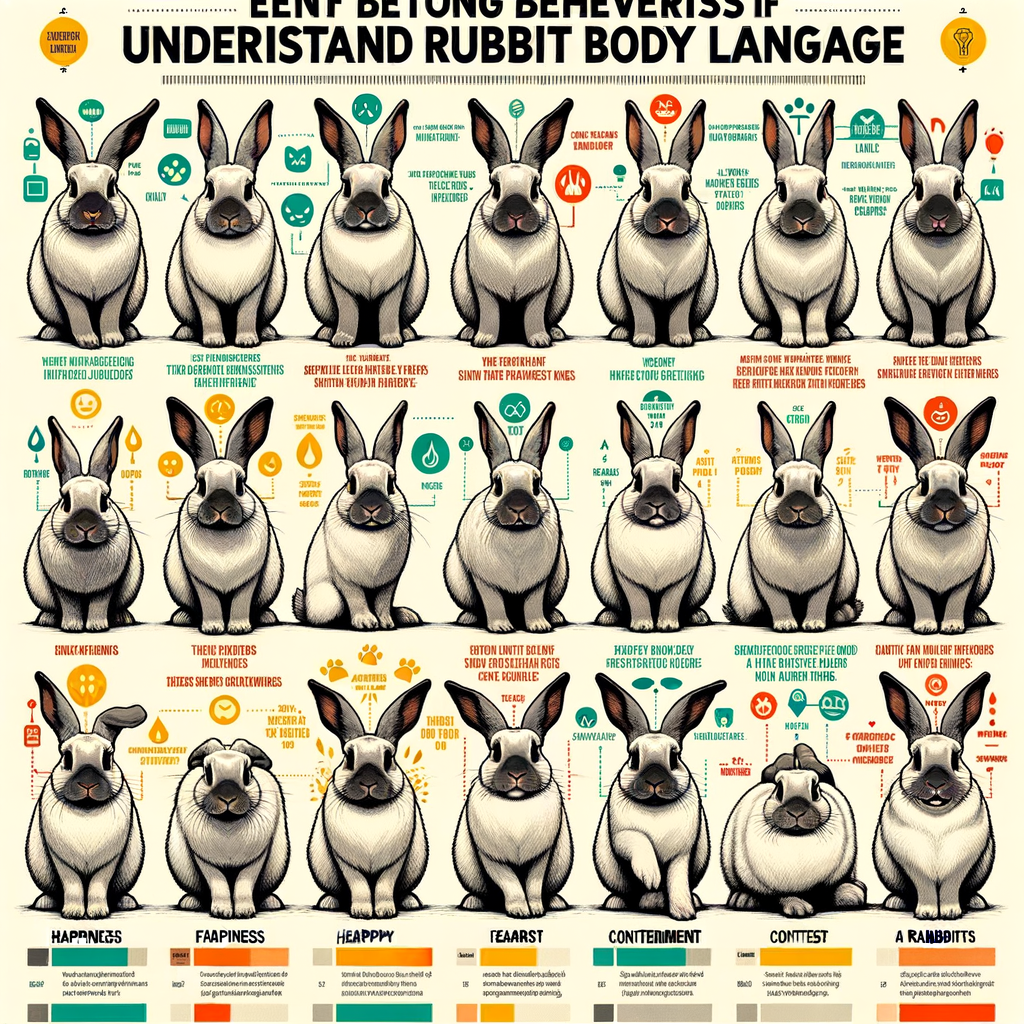 Infographic illustrating bunny behavior, understanding rabbit body language, signs of a happy rabbit, recognizing fear in rabbits, rabbit contentment signals, interpreting rabbit emotions, and how to read bunny body language.