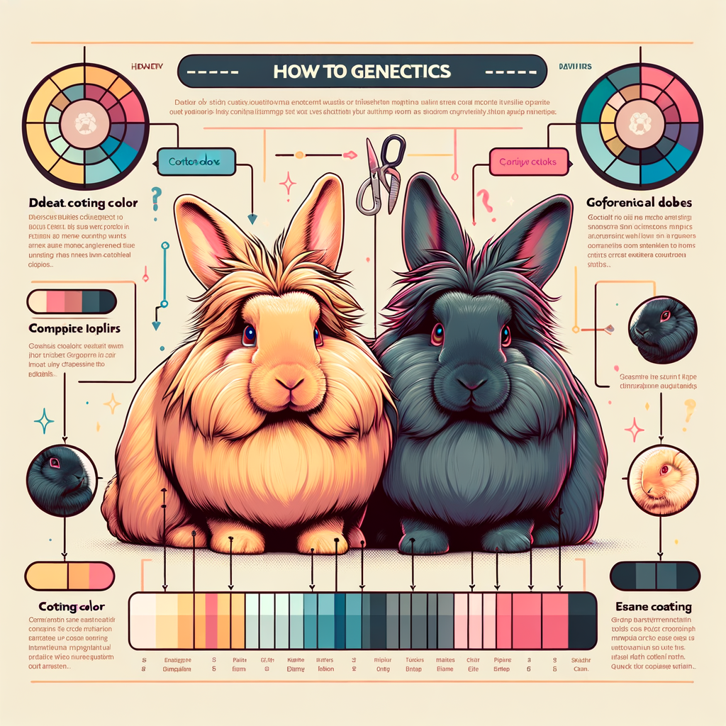 Infographic explaining Lionhead Rabbit Genetics, showcasing Rabbit Coat Colors, Lionhead Rabbit Coat Color Meaning, and highlighting Lionhead Rabbit Breed Traits and Color Patterns.