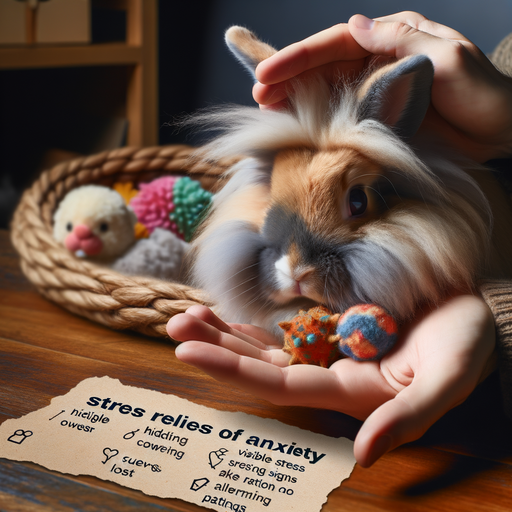 Lionhead Rabbit Anxiety symptoms like fur loss and changes in eating habits, with a comforting human hand offering Rabbit Stress Relief items, illustrating Understanding Rabbit Behavior and Anxiety Treatment.