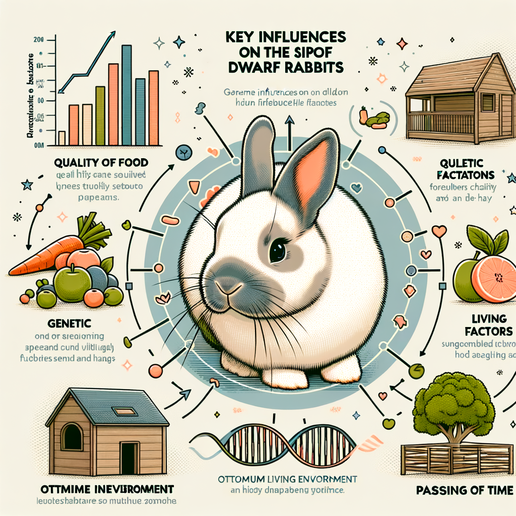 Dwarf Rabbit lifespan infographic showing key factors like diet, genetics, environment, and age, with a healthy Dwarf Rabbit in a well-maintained habitat for optimal Dwarf Rabbit care and longevity.