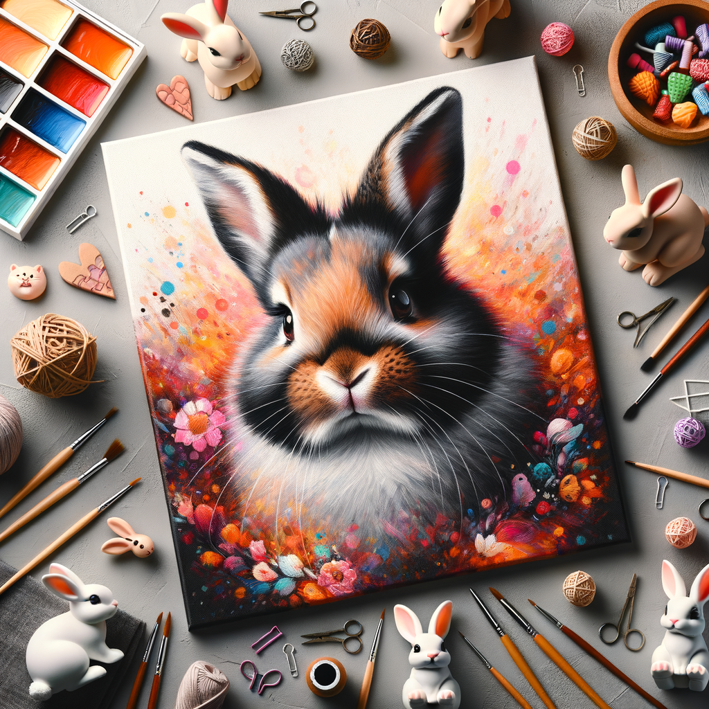Vibrant Netherland Dwarf Rabbit painting in modern art style, surrounded by diverse rabbit-inspired art projects, bunny crafts, and dwarf bunny art for a creative display of Netherland rabbit art and rabbit-themed crafts.