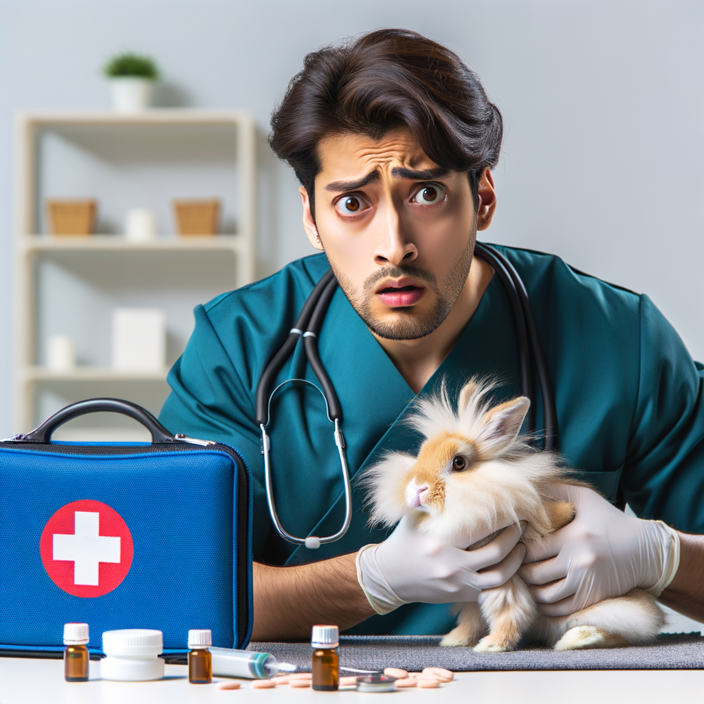 Pet owner urgently providing rabbit seizure first aid to a Lionhead rabbit, highlighting symptoms and emphasizing the importance of understanding rabbit health issues and Lionhead rabbit diseases.