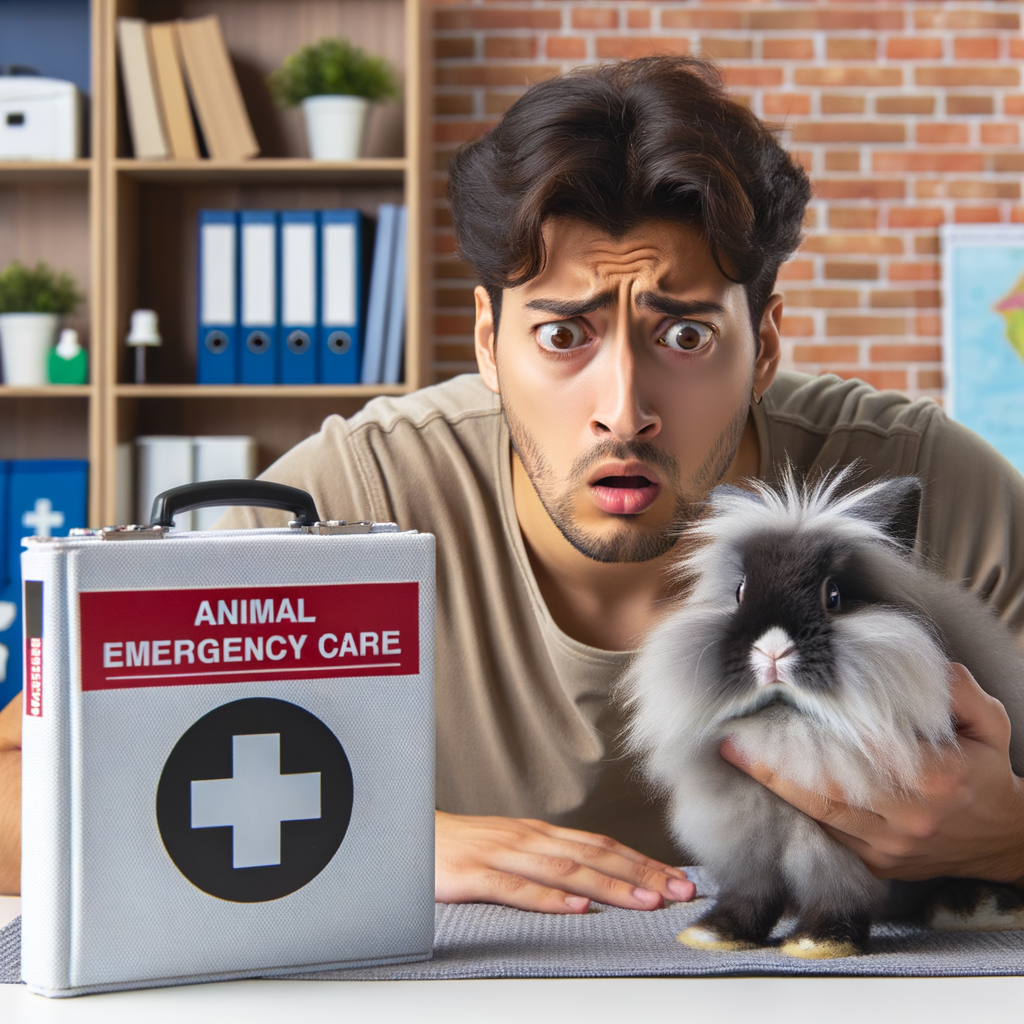 Pet owner urgently consulting a Rabbit Health Guide and Emergency Response for Rabbits kit after Lionhead Rabbit ingests a foreign object, emphasizing the importance of handling Rabbit Emergencies promptly.