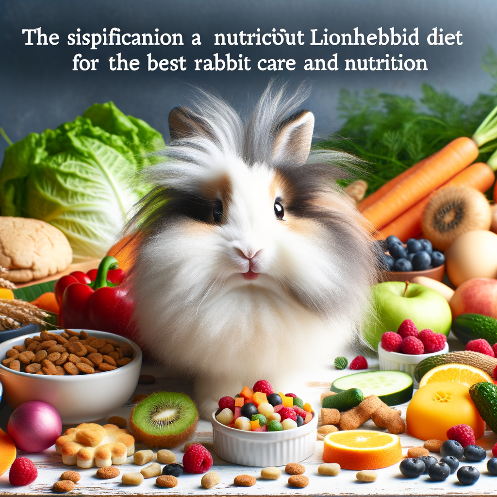 Lionhead rabbit enjoying a healthy diet of safe snacks, nutritious rabbit treats, and fresh fruits and vegetables for optimal Lionhead rabbit care and nutrition