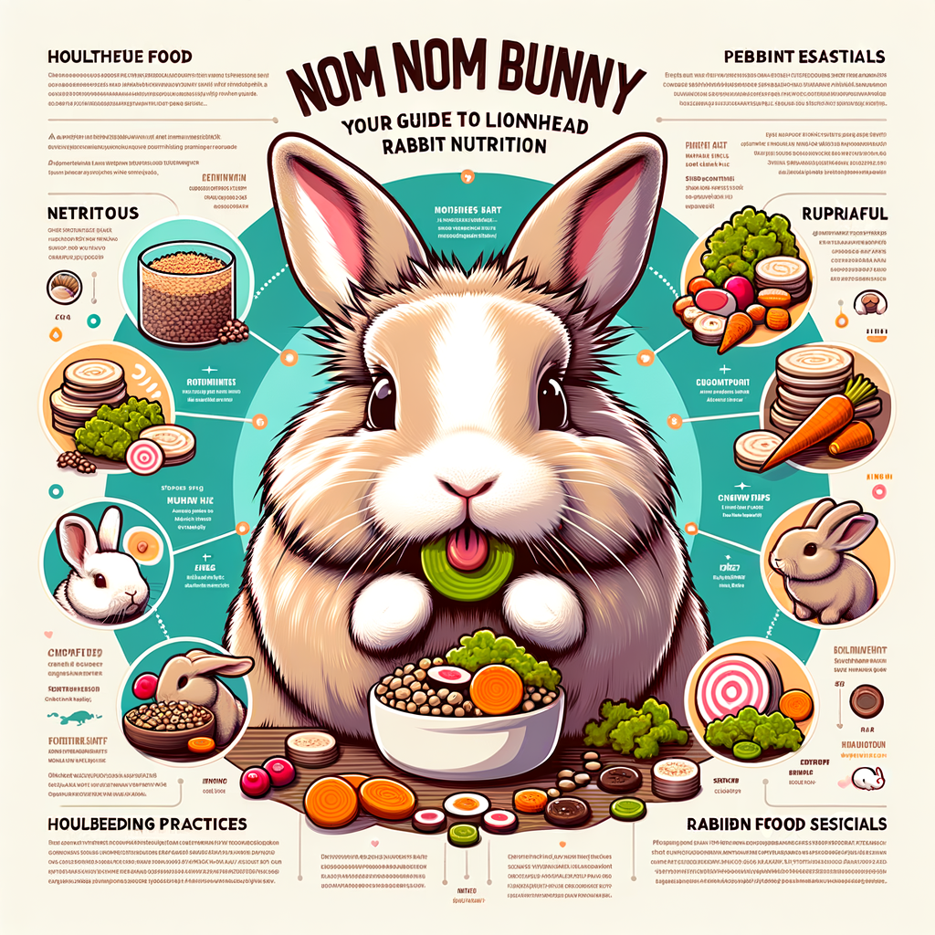 Lionhead Rabbit happily eating its meal in an infographic titled 'Nom Nom Bunny: Your Guide to Lionhead Rabbit Nutrition', highlighting the essentials of a healthy Lionhead Rabbit diet, bunny nutrition, and proper rabbit feeding for optimal Lionhead bunny care.