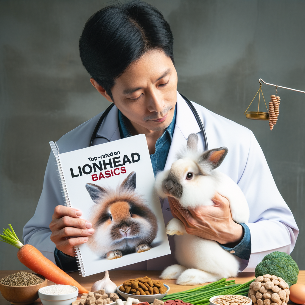Veterinarian with Lionhead Rabbit Diet guide, displaying best food and healthy rabbit treats for optimal Lionhead Rabbit Nutrition, emphasizing the importance of bunny food selection in Bunny Basics.