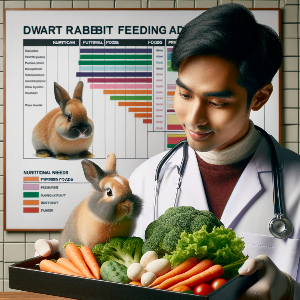 Veterinarian offering fresh vegetables to a picky eater dwarf rabbit, with a background chart on balanced diet for dwarf rabbits, rabbit feeding tips, and dwarf rabbit nutrition for a healthy rabbit diet.