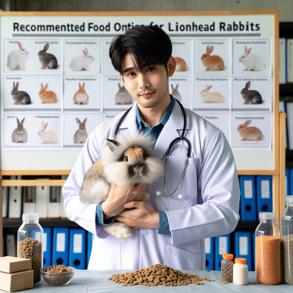 Veterinarian discussing Lionhead Rabbit Diet and Rabbit Nutrition Guide in a clinic, showcasing recommended rabbit foods and feeding tips for a healthy diet, ideal for beginners learning what to feed rabbits.