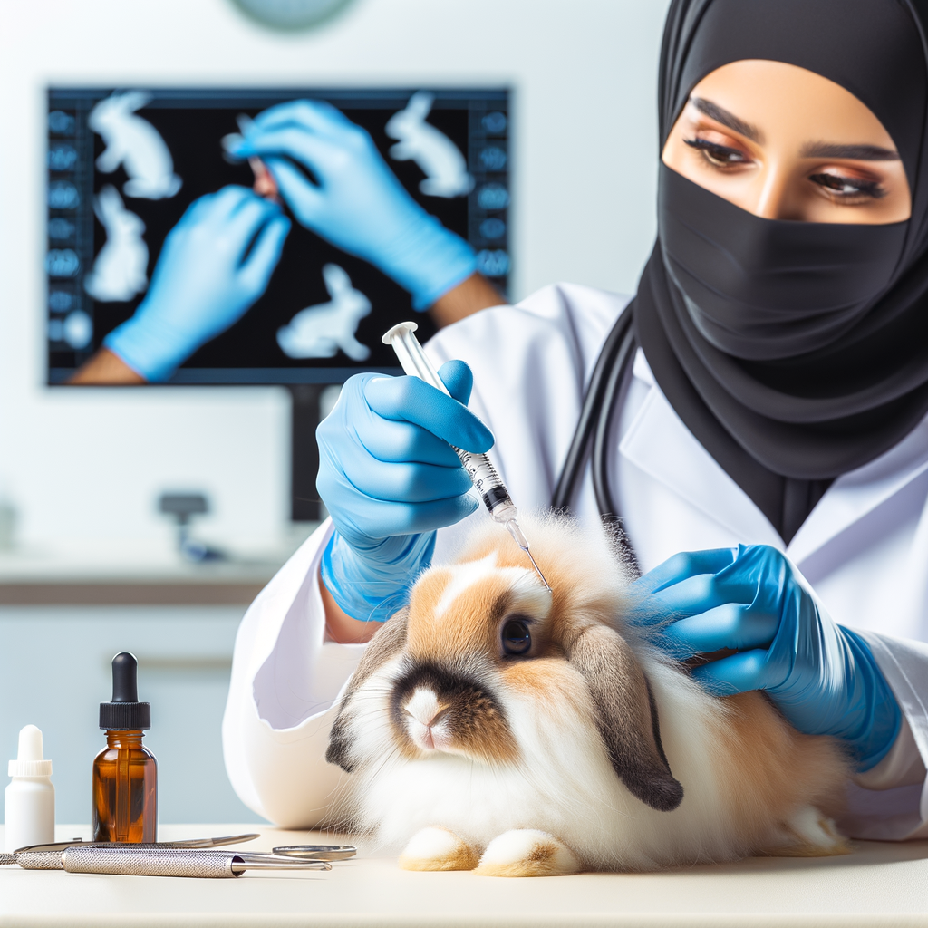 Veterinarian demonstrating Lionhead Rabbit First Aid and Rabbit Cut Treatment in a sterile environment, emphasizing Wound Care for Rabbits and overall Lionhead Rabbit Health for handling Rabbit Minor Injuries.