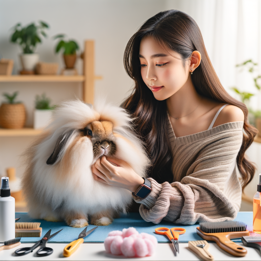 Professional demonstrating Lionhead Rabbit grooming routine, brushing fluffy fur for maintenance, with essential rabbit care products for grooming frequency, highlighting the importance of keeping Lionhead Rabbit fur fluffy.