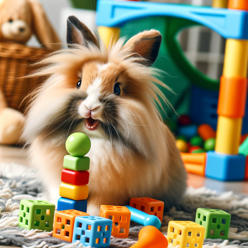 Lionhead rabbit showcasing its playful personality through enrichment activities and games, highlighting the importance of playfulness and enrichment for Lionhead rabbits' wellbeing.