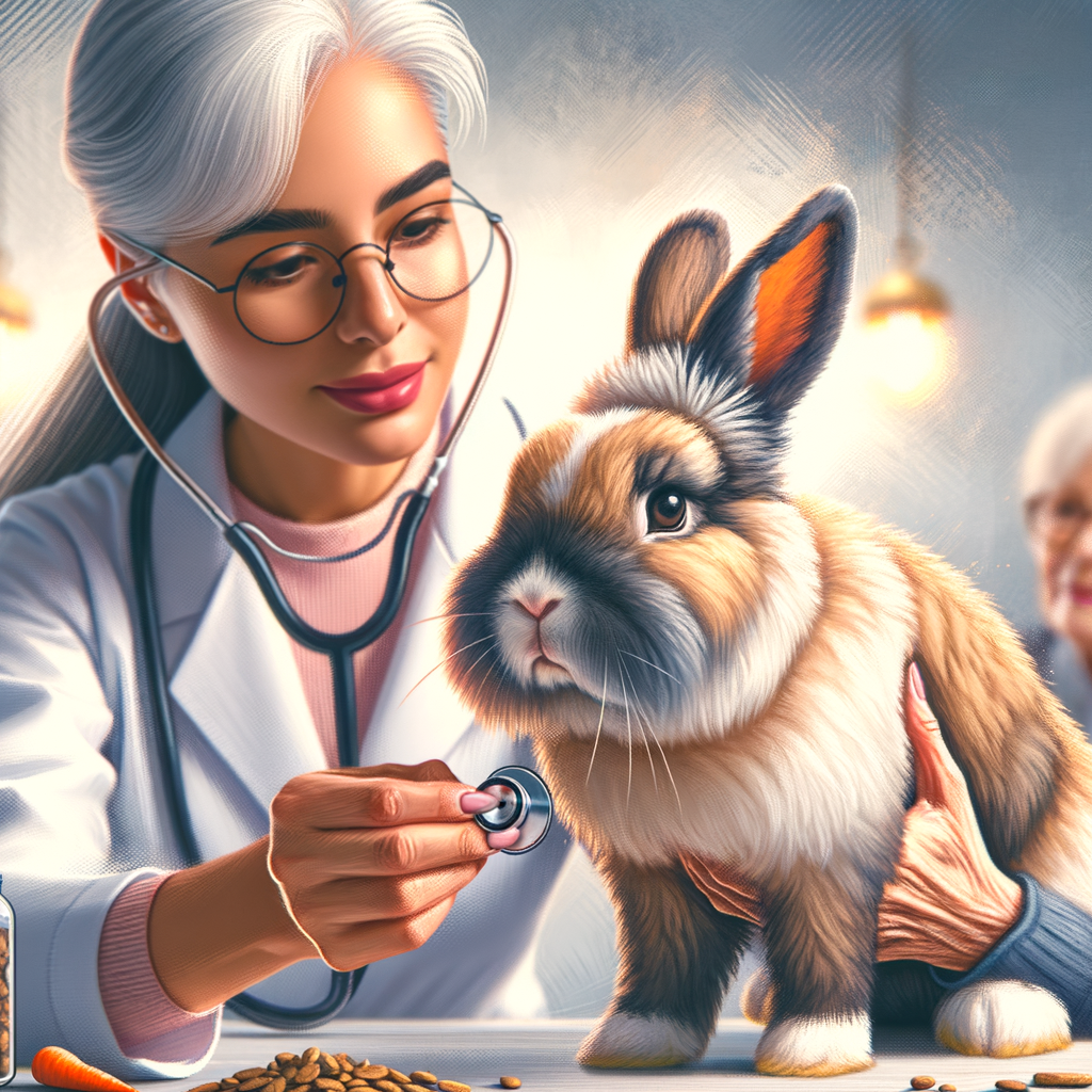 Veterinarian examining a senior Lionhead rabbit, demonstrating aging rabbit care, elderly behavior, and potential health issues for a balanced diet and graceful golden years.