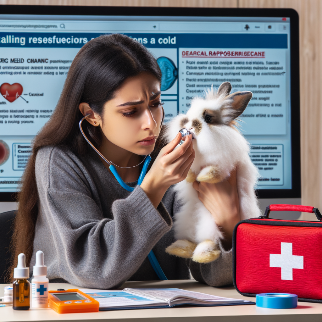 Pet owner checking Lionhead Rabbit sneezing symptoms, addressing rabbit respiratory issues with a guidebook, first aid kit, and online information on Lionhead Rabbit health and illnesses.