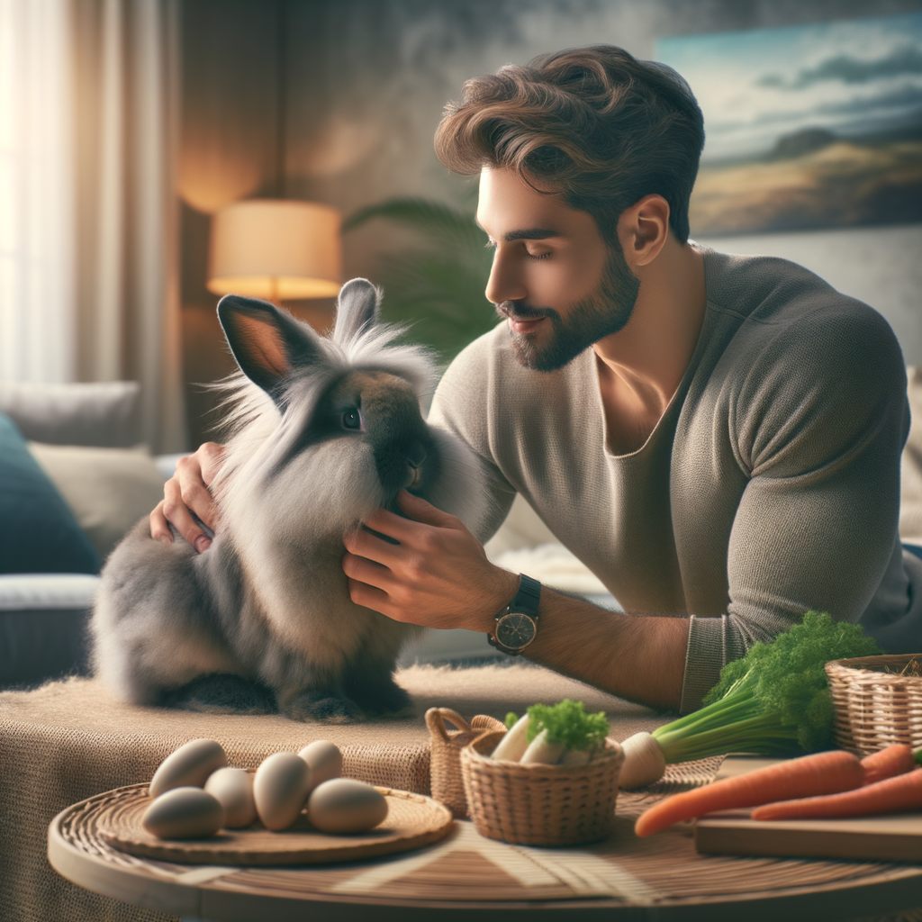 New rabbit owner caring for a Lionhead rabbit in a new home environment, showcasing key aspects of Lionhead Rabbit Care and Home Transition Tips for new owners, including rabbit-friendly toys and fresh vegetables.