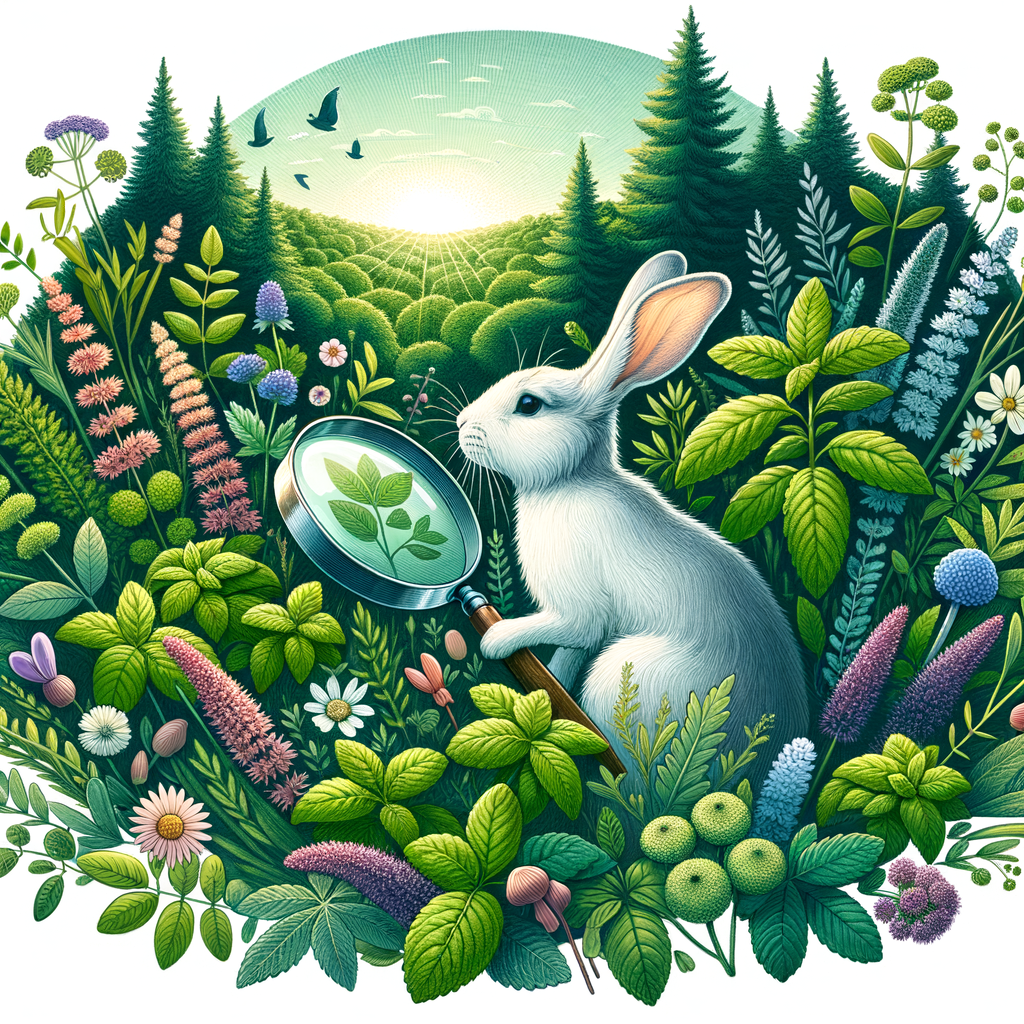 Rabbit interacting with herbal remedies in a green environment, symbolizing holistic rabbit care and natural health treatments for rabbits