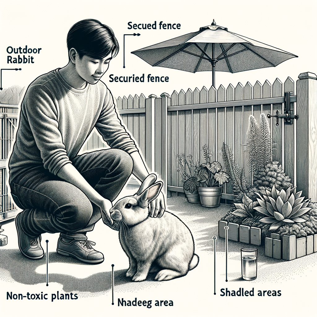 Rabbit owner introducing pet rabbit to a safe, fenced yard, emphasizing outdoor rabbit safety and yard time adventures for the first time.