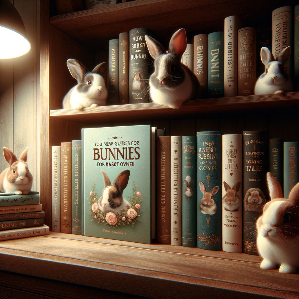 Enchanting collection of rabbit care books and new rabbit owner guides on a wooden shelf, recommended resources for rabbit owners featuring captivating bunny tales and stories.