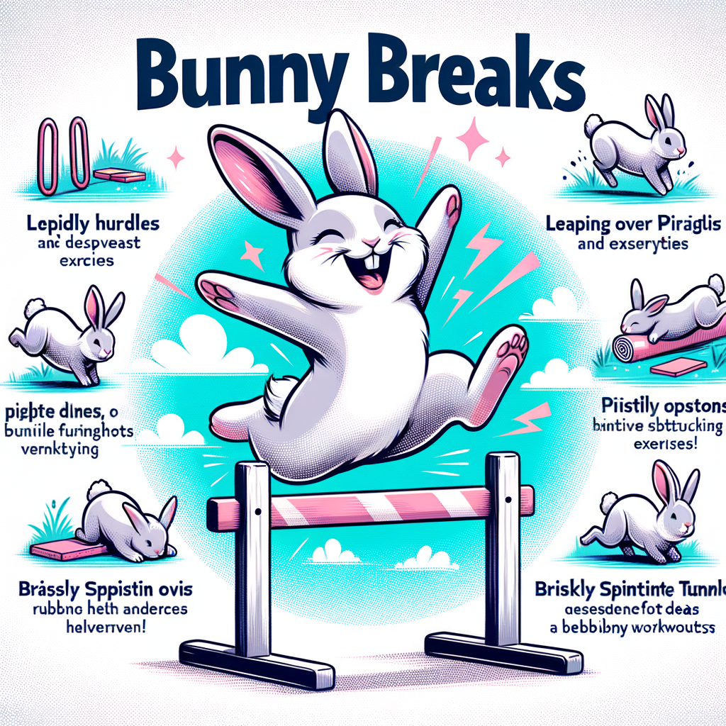 Happy rabbit performing fun workouts like hopping over hurdles and running through tunnels for Bunny Breaks, showcasing easy exercises for rabbits to promote rabbit health and fitness.