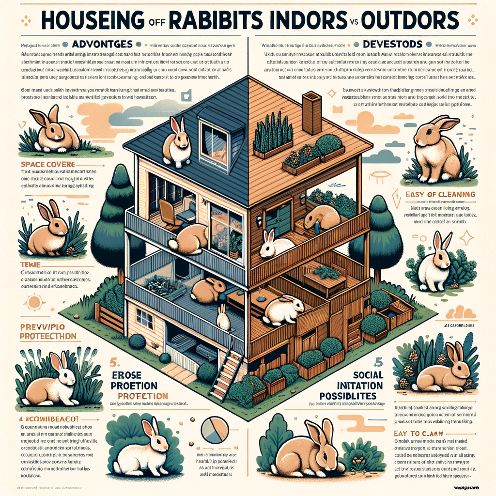 Infographic illustrating the comparison between indoor rabbit house and outdoor rabbit hutch, emphasizing on rabbit care, habitat, and optimal living conditions for choosing the best rabbit accommodation.