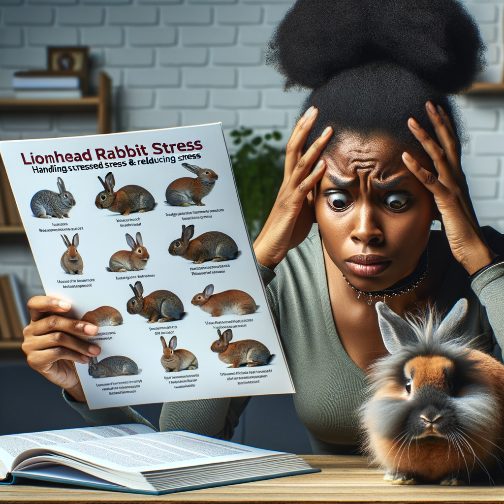 Pet owner observing Lionhead Rabbit for stress signs, with a chart of rabbit stress solutions and a book on Lionhead Rabbit care and reducing stress in rabbits in the background.