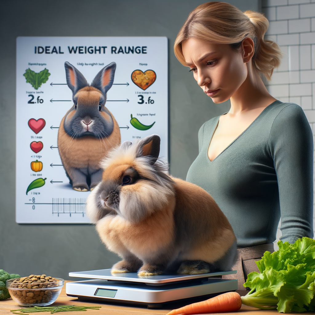 Pet owner checking Lionhead Rabbit weight on scale, identifying signs of Lionhead Rabbit obesity, and using a healthy rabbit diet for weight management and obesity prevention