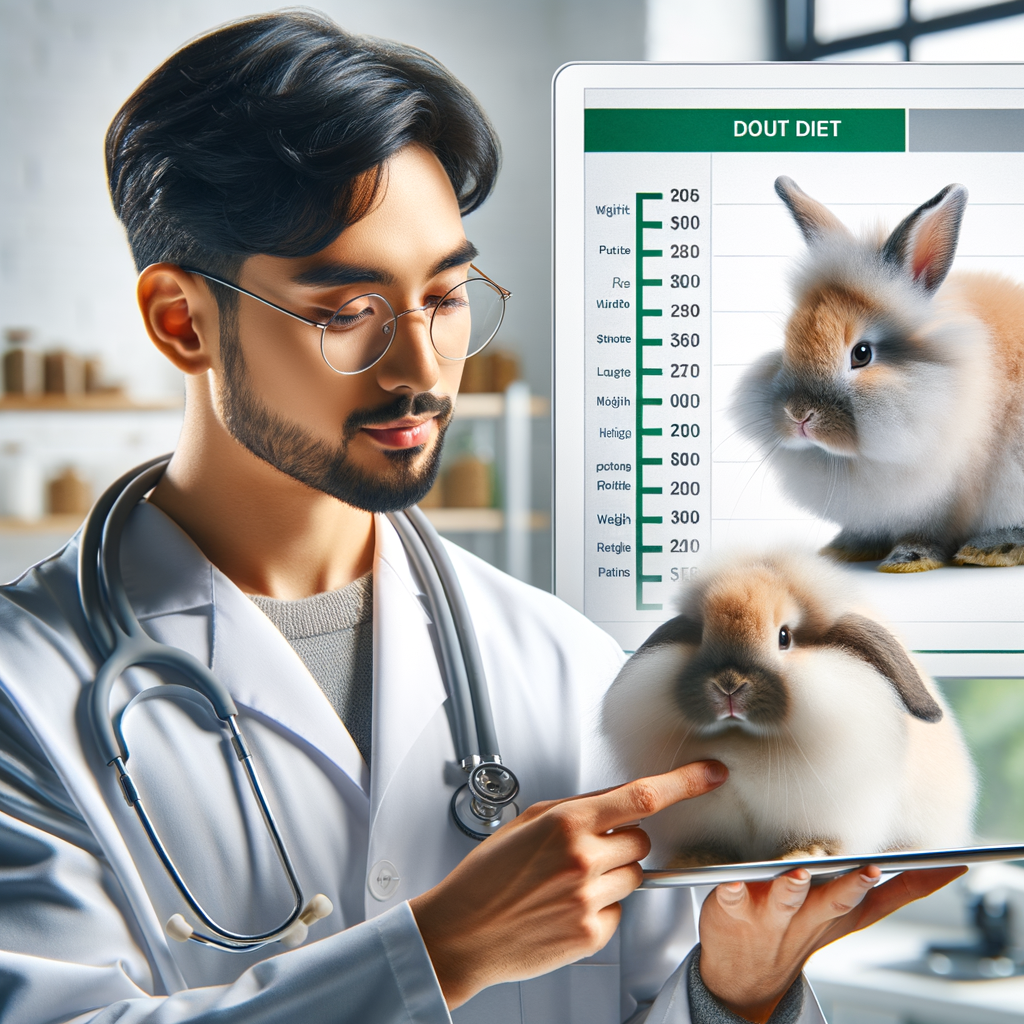 Veterinarian monitoring Lionhead rabbit body condition and weight, assessing rabbit obesity risks, and adjusting diet for optimal Lionhead rabbit health and weight management.