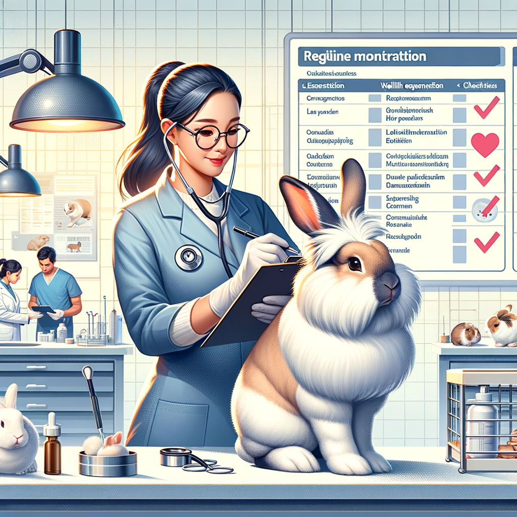 Veterinarian performing wellness check on Lionhead rabbit, demonstrating regular monitoring of rabbits, with a checklist highlighting rabbit health tips, Lionhead rabbit care, and common health issues, emphasizing the importance of maintaining rabbit health through a consistent wellness routine.