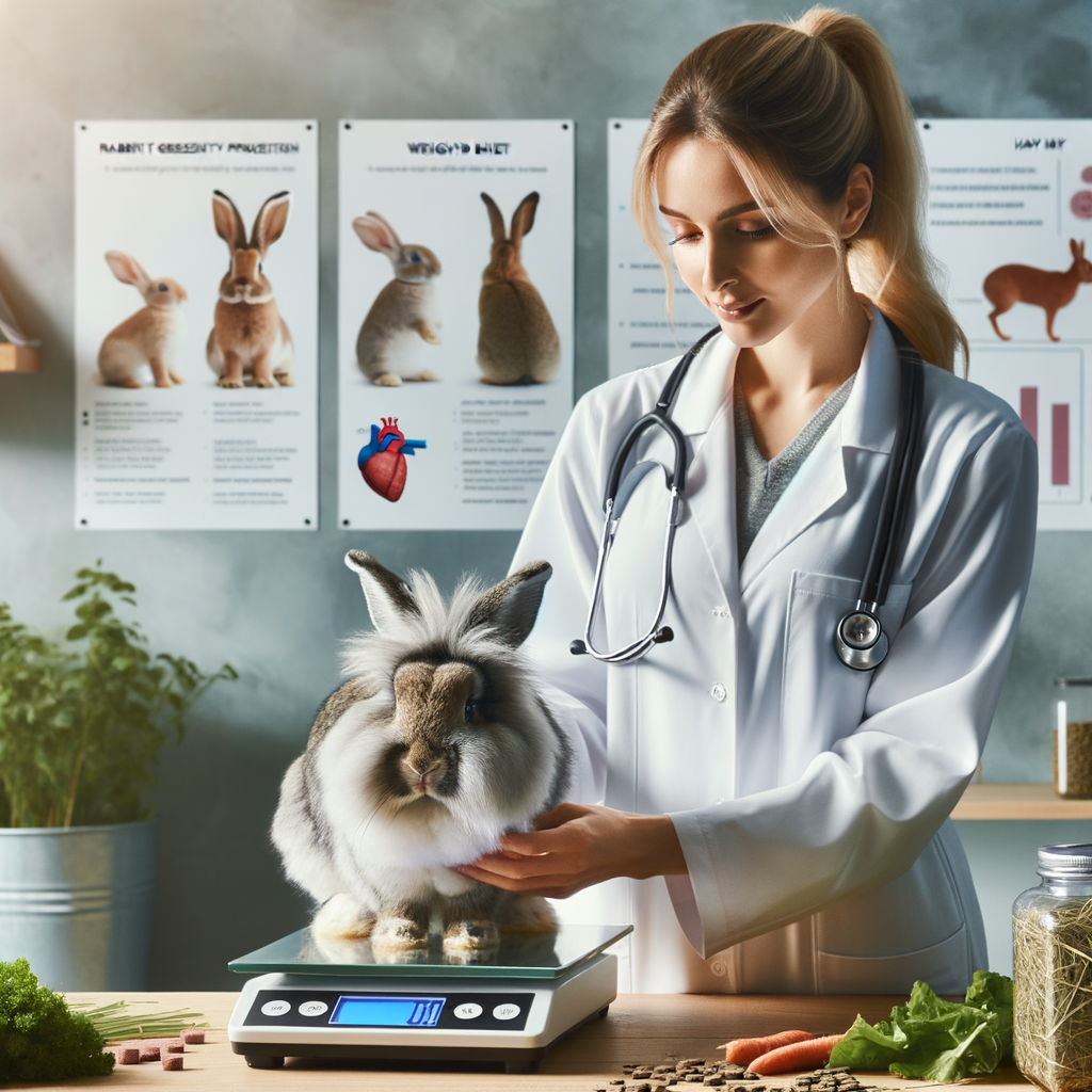Veterinarian monitoring Lionhead rabbit weight for obesity prevention, illustrating healthy rabbit care tips and weight management strategies with balanced rabbit nutrition in the background.