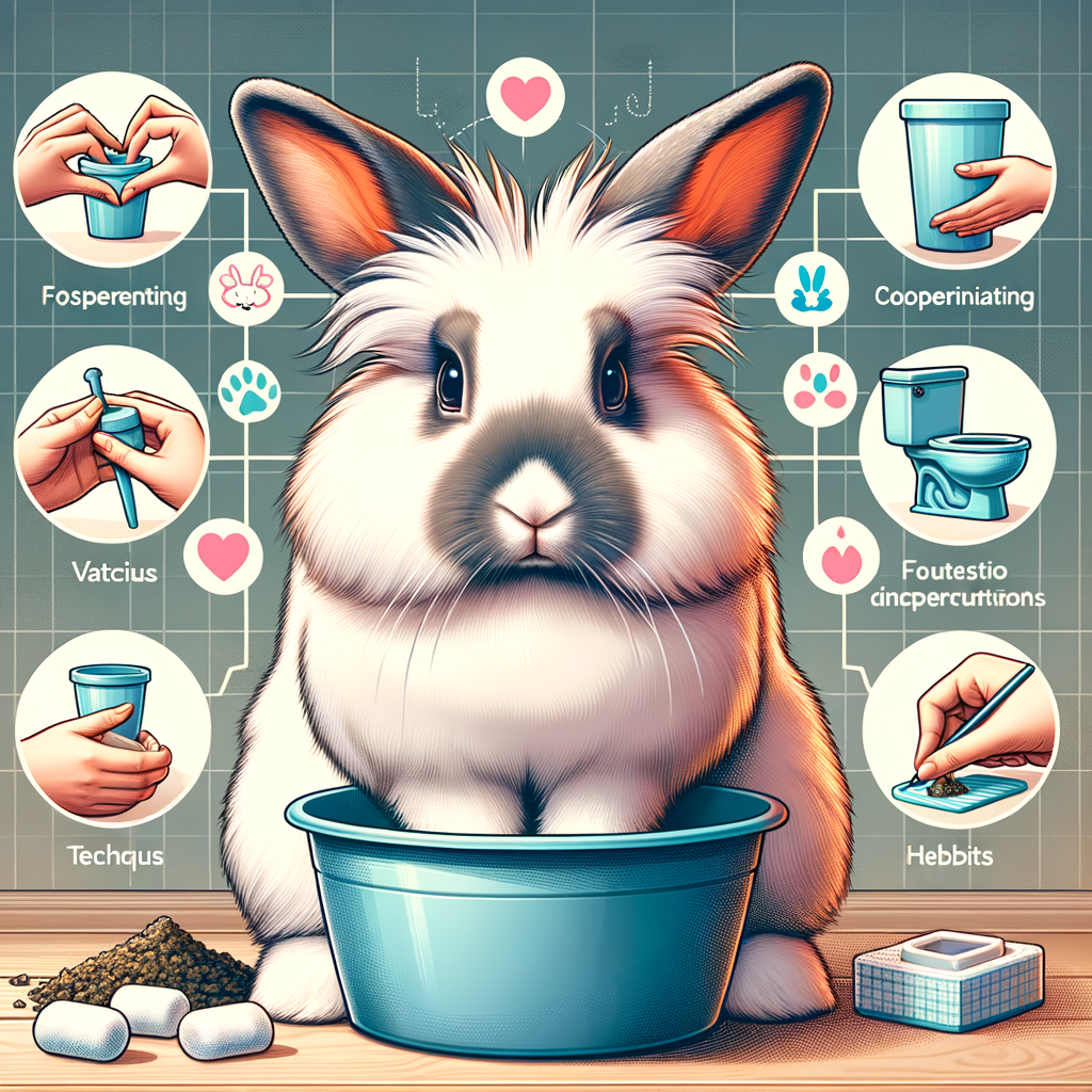 Lionhead Rabbit during toilet training session, demonstrating techniques and aids for encouraging rabbit bathroom habits, highlighting Lionhead Rabbit behavior and care.