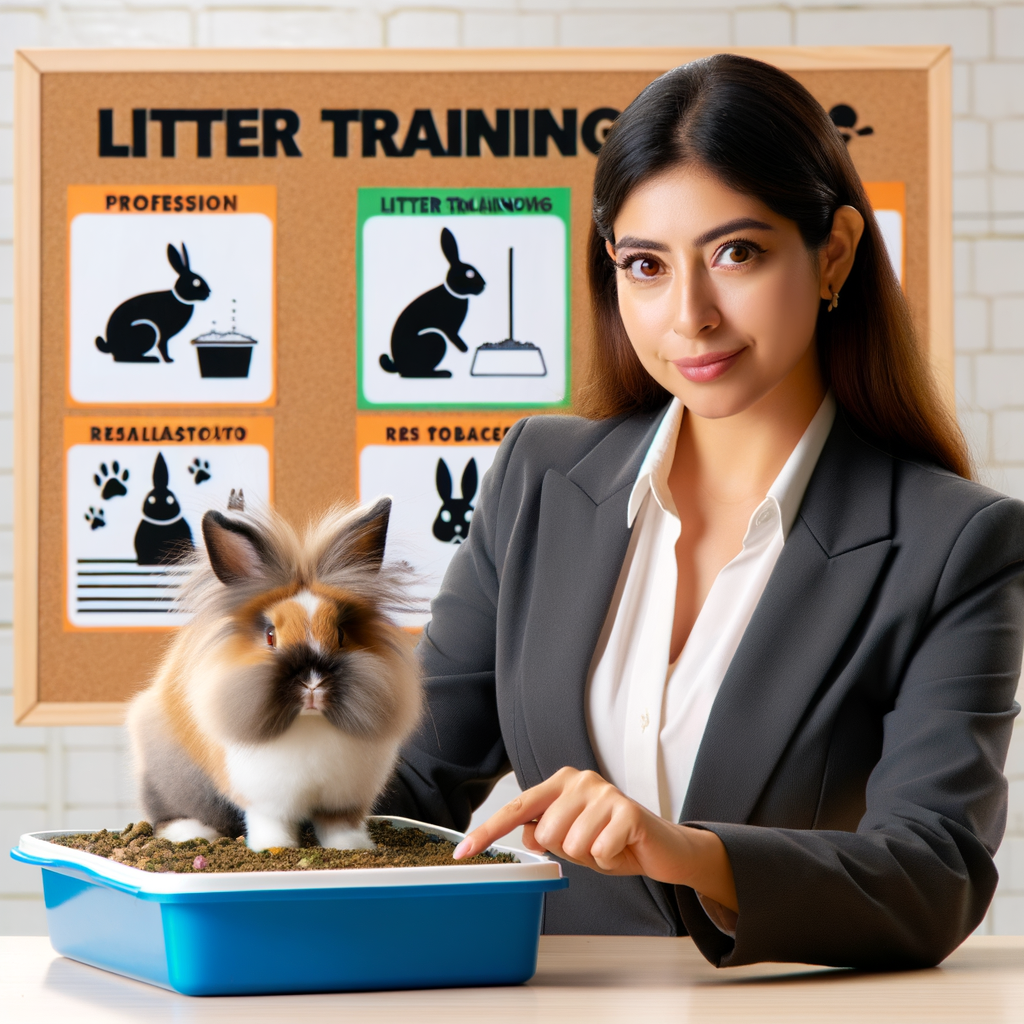 Professional Lionhead rabbit trainer demonstrating successful rabbit litter training techniques with a well-behaved Lionhead rabbit, providing litter box solutions and tips for house training a Lionhead rabbit.