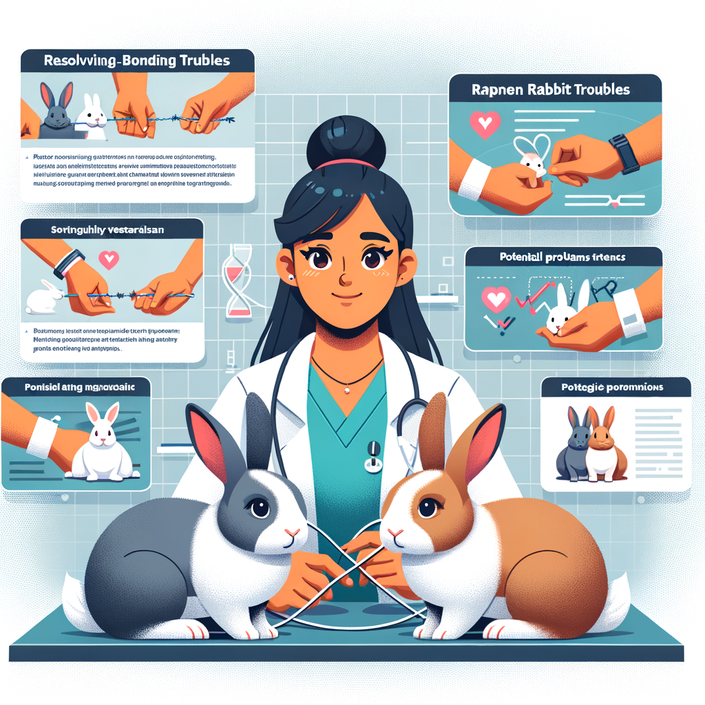 Veterinarian providing bunny bonding advice in a clinic, with infographics on solving rabbit bonding problems and tips for improving bunny relationships