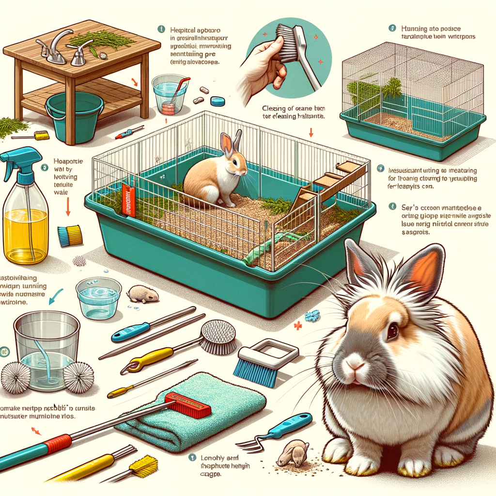Step-by-step Lionhead Rabbit cage cleaning guide demonstrating maintenance tips for a healthy rabbit environment, featuring cleaning tools, a well-kept habitat, and a Lionhead Rabbit observing the process.