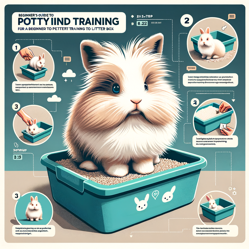 Infographic illustrating Lionhead Rabbit potty training steps and litter training tips, featuring a cute Lionhead Rabbit demonstrating proper use of a litter box for the beginner's guide to rabbit training.