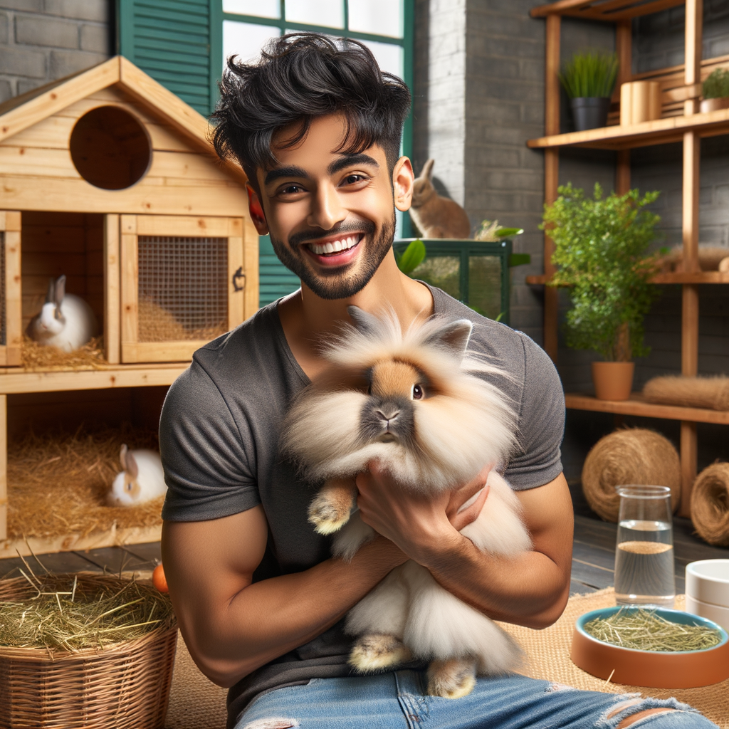 First-time rabbit owner joyfully holding a Lionhead rabbit, demonstrating proper bunny care in a safe home environment, perfect for understanding Lionhead rabbit care and home preparation tips.