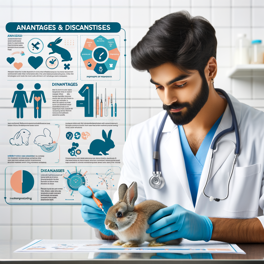 Veterinarian performing rabbit neutering procedure in clinic, with infographics highlighting the benefits, risks, and understanding of rabbit neutering and spaying for rabbit health.