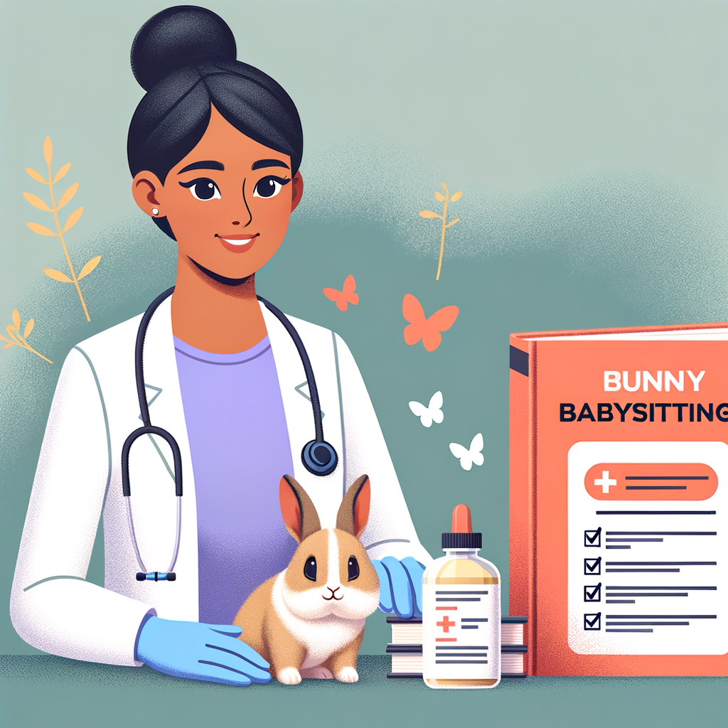 Professional rabbit sitter providing trusted care to a playful bunny, with a 'Bunny Babysitting Tips' book and 'Rabbit Babysitter Guide' checklist, emphasizing the importance of finding trusted rabbit care and professional bunny babysitters.