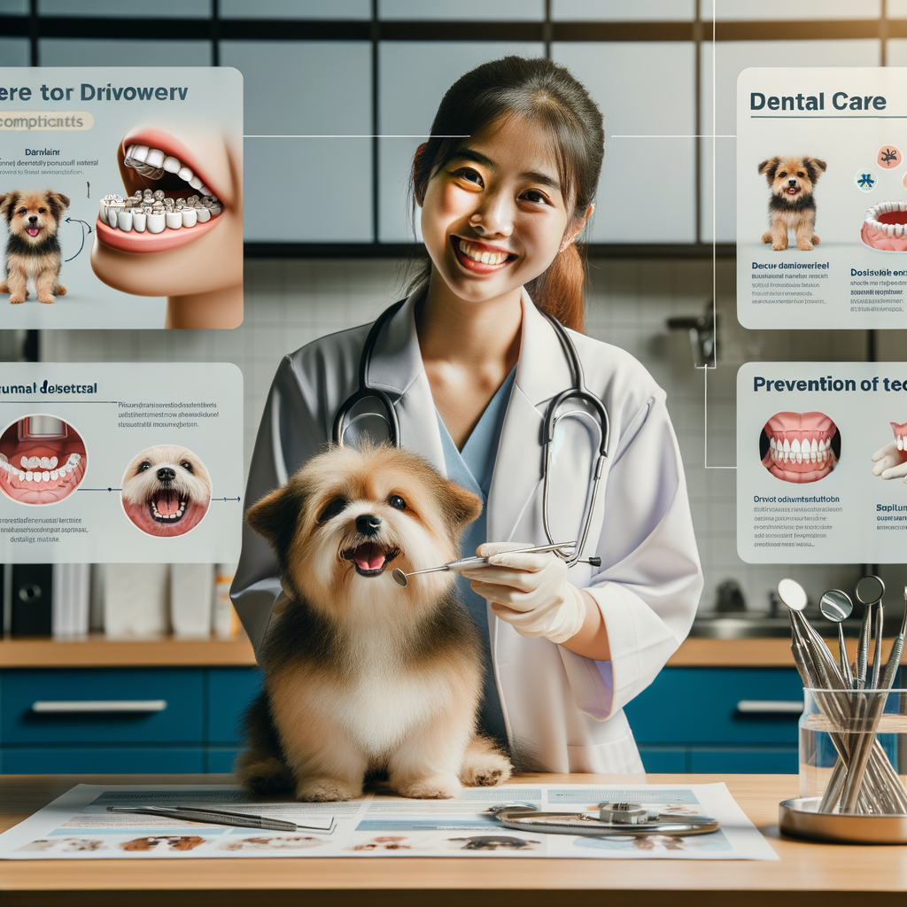 Veterinarian demonstrating dental care for dwarf breeds, using dental health tools and infographics to provide tips for preventing dental issues in dwarf breeds and maintaining their dental health.