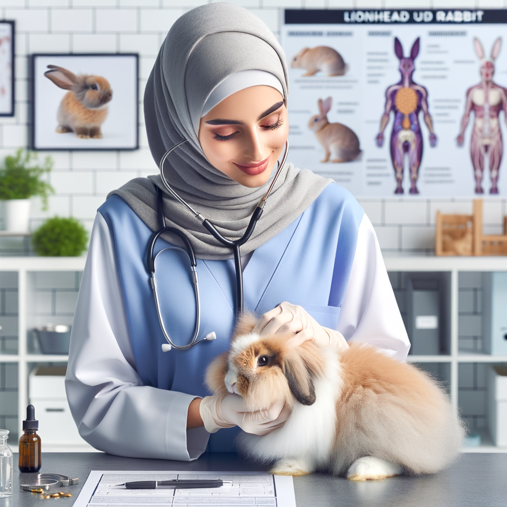 Veterinarian using calming techniques for Lionhead rabbit care during veterinary visits, demonstrating handling and stress reduction methods for rabbits, with educational materials on rabbit behavior and veterinary care in the background.