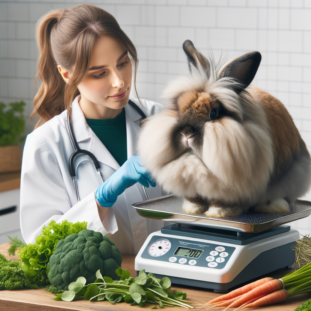 Veterinarian examining a Lionhead rabbit for rabbit obesity, promoting healthy rabbit habits and balancing rabbit diet with fresh vegetables and hay for optimal Lionhead rabbit care.