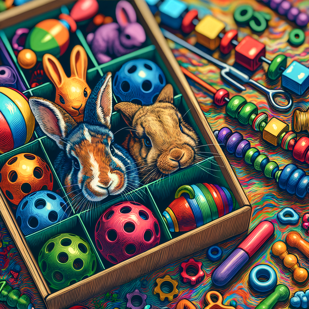Essential rabbit toys including the best stimulating toys for rabbits neatly arranged in a rabbit toy box, promoting happiness and mental engagement for a well-stimulated and content pet.