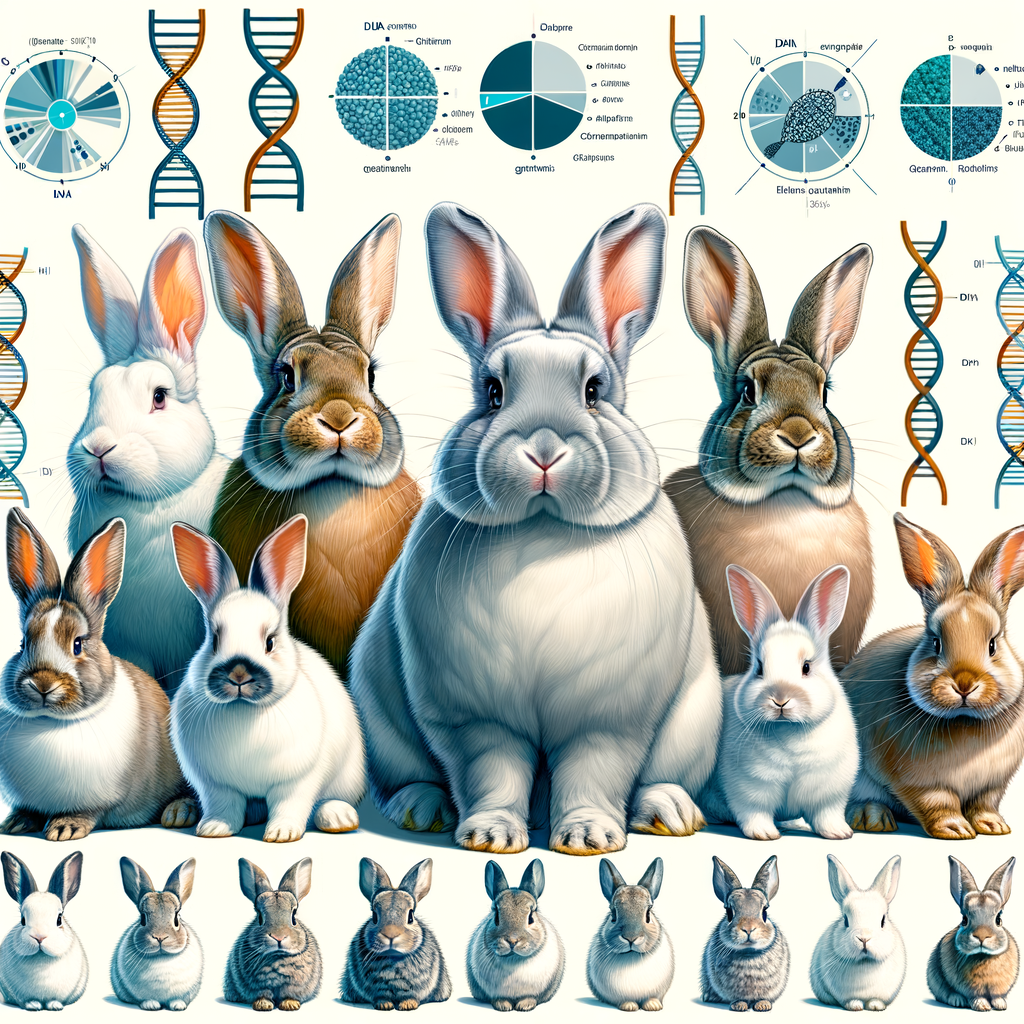 Scientific illustration of rabbit breeds genetics, showcasing size variations and genetic factors in rabbits, including DNA strands and chromosomes, highlighting the science of rabbit breeding and genetic variations.