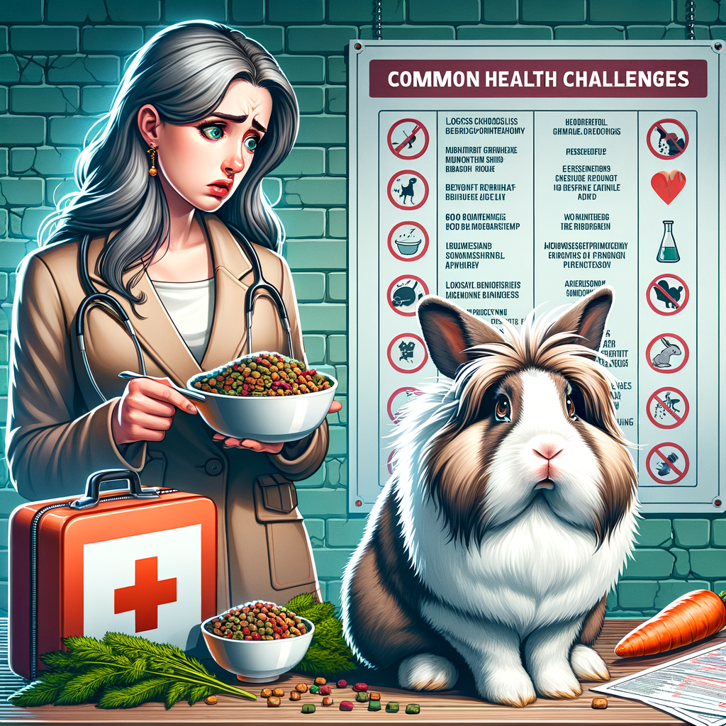 Concerned pet owner observing Lionhead rabbit not eating, representing common rabbit health problems like loss of appetite, with a rabbit feeding guide and emergency care kit in the background for Lionhead rabbit care